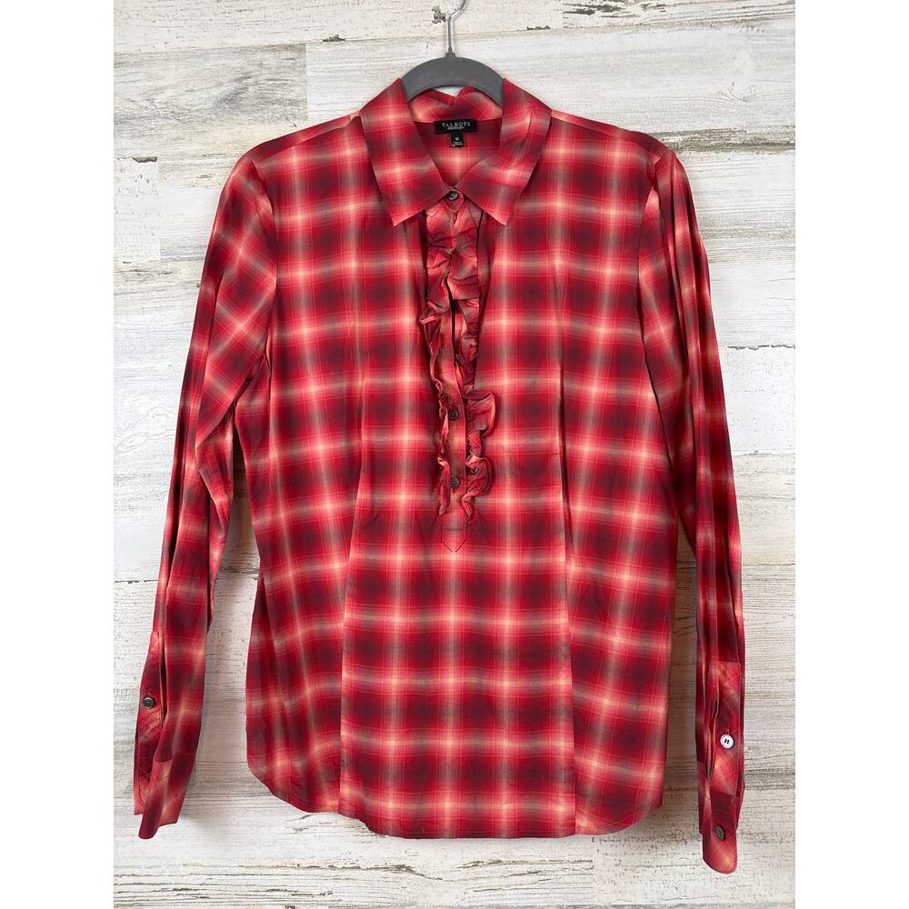Talbots Womens 10 Red Tan Plaid Tuxedo Ruffle 1/2 Button Up Collared Shirt
